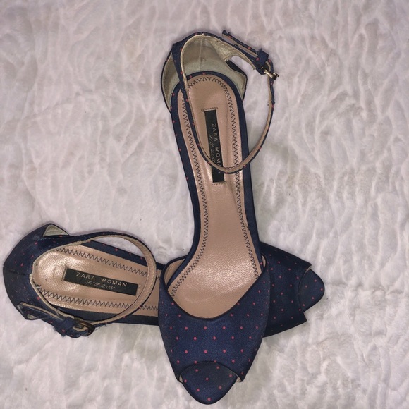 Zara Blue Polka dot Peep Toe Platform High Heels - Picture 6 of 13